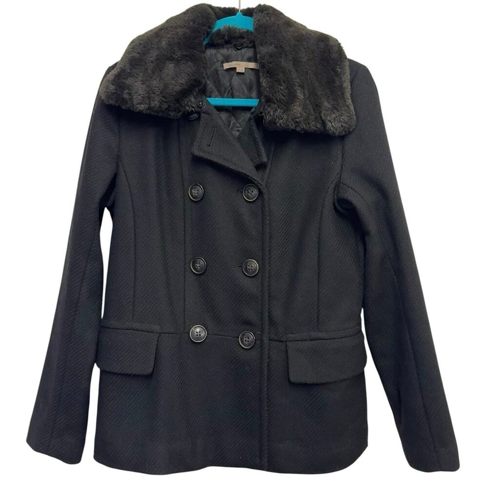 Gap‎ Wool Blend Black Peacoat Faux Fur Collar Small Quilted Lined Coat